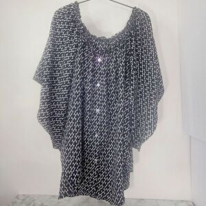 Tunic Boho Bell Sleeve Scallop Neck Flowy Classic Black/ White Print XL Blouse